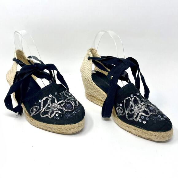 ERIC MICHAEL Black Lace Up Sequin Embroidered Espadrilles Wedges - Picture 1 of 9